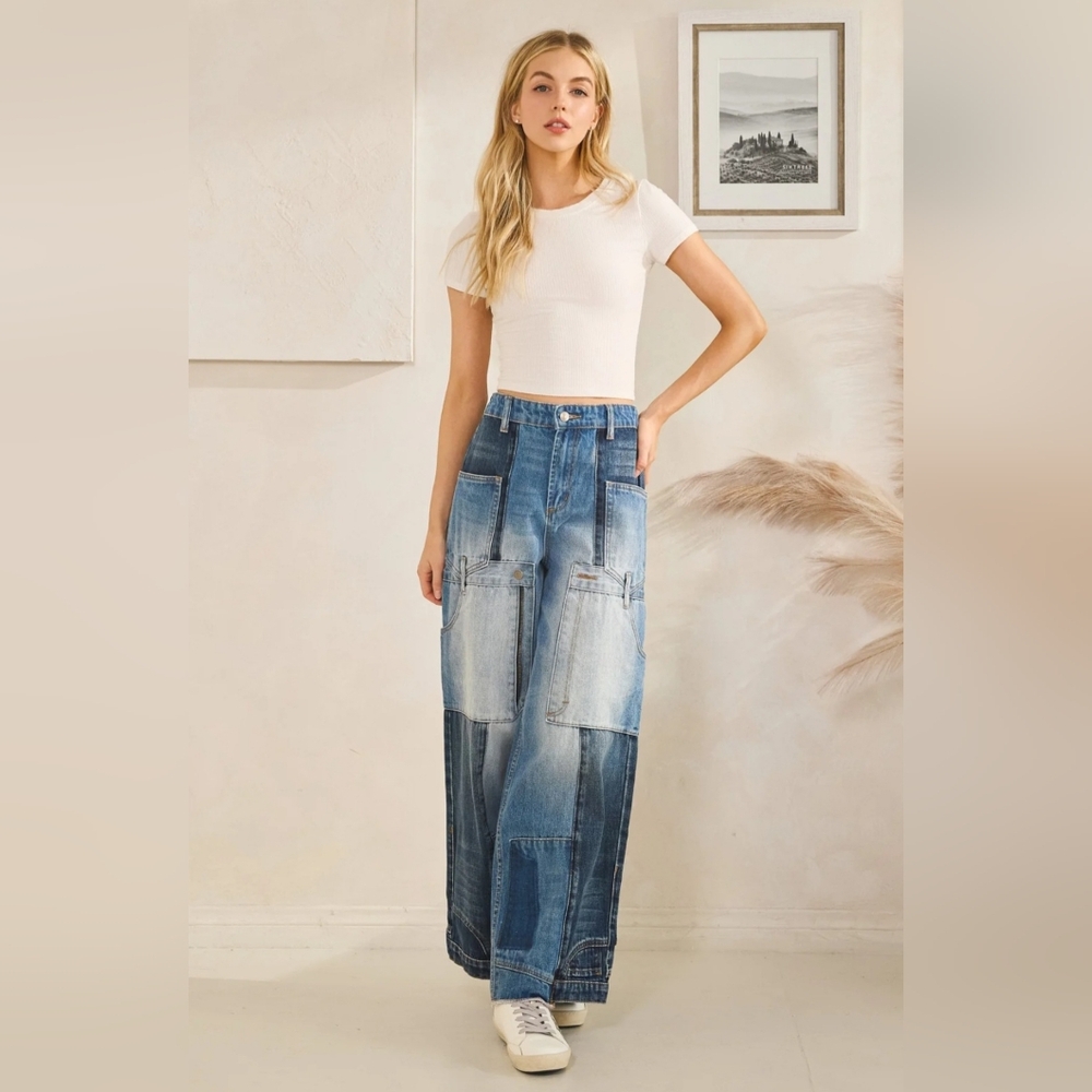 Oli & Hali Upside-Down Wide-Leg Jeans in Light & Dark Blue size Large - Picture 5 of 12